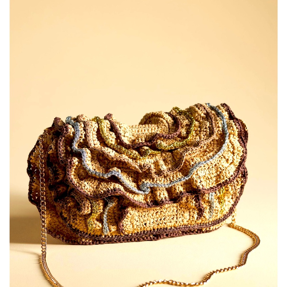 Natural Ruffle Anthropologie Elegant Crochet Ruffle Bag - Brown and Tan